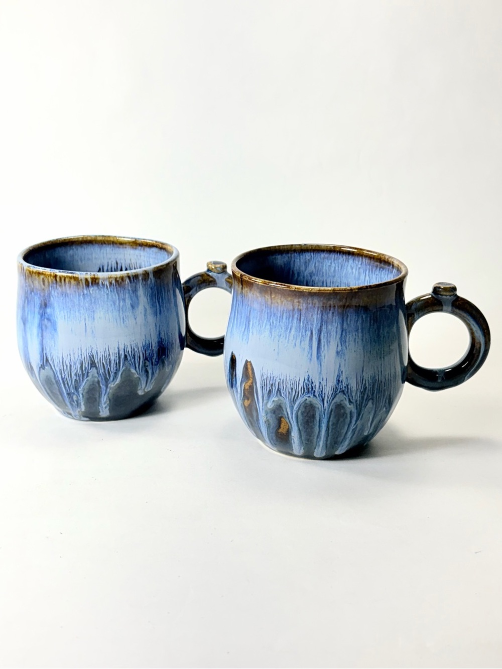 Set of 2 Art Studio Pottery Handmade Blue Glaze Ceramic Mugs - Artist Signed